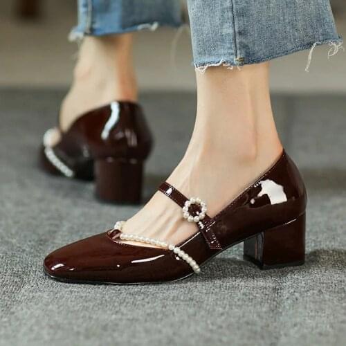 Real Leather Loafers Midden Heel Shoesfor Wemen Spring Summer Mary Janes Black Heels New Shoes Women High Heels Pumps Sandals
