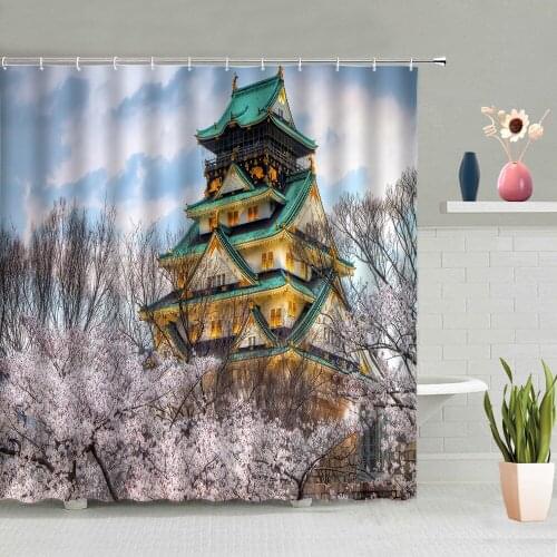 Cherry Blossom City Building Fuji Mountain Picture Bathroom Decoration Shower Curtain Waterproof Polyester Fabric With Hooks