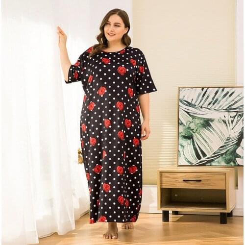 Womens Short-sleeved Nightdress Large Size Floral Nightgown Retro Wave Point Large Size Sleepshirts