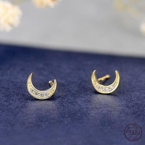 925 Sterling Silver Simple Moon Crescent Stud Earrings Women 14k Gold Pavé Crystal Vintage Student Jewelry Friendship Gift