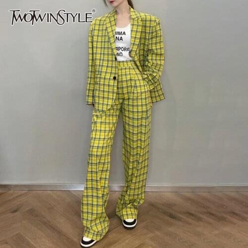 TWOTWINSTYLE Casual Plaid Trouser Suits Female Notched Long Sleeve Blazer High Waist Wide Leg Pants Loose Set Woman 2 Pieces New