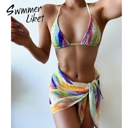 Diamond swimsuit women Triangle bikini set High cut 3 piece suit Tie-dye bathing suit Halter string bikinis 2020 mujer swimwear