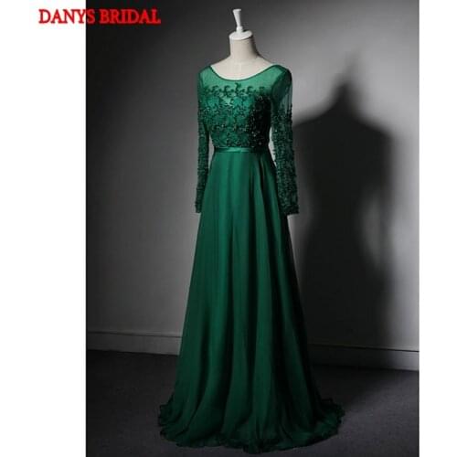 Emerald Green Long Sleeve Evening Dresses Party Beautiful Crystal Beaded Women Prom Formal Evening Gowns Dresses abendkleider
