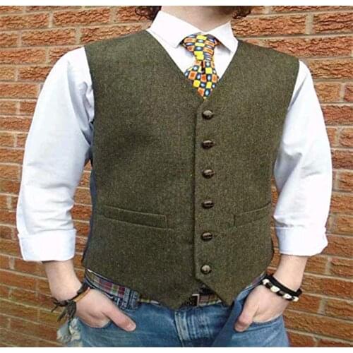 Mens Suit Vest Slim Fit V Neck Single-breasted Tweed Vest Sleeveless Waistcoat Green Vest Herringbone