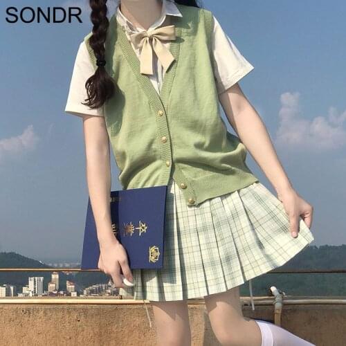 Autumn New Japanese Kawaii Girly Knitted Vest Single Breasted Cardigan Tops Women Pure Color Basic Sweater College Style Vests