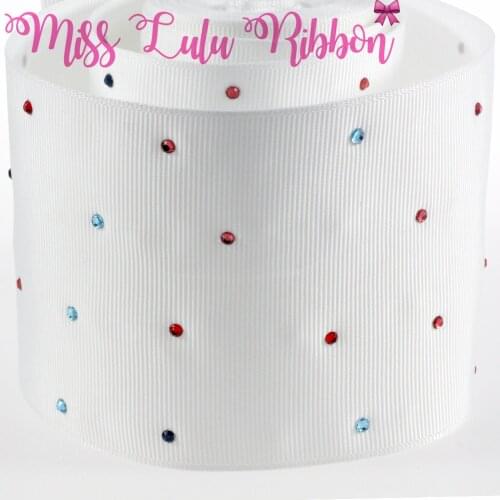 3"75mm Colorful Rhinestone Setting Grosgrain Ribbon White Solid Color Gift Bowknot Wrap Hair Band Making 5yards/roll #029
