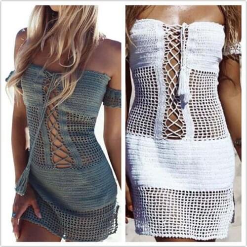 Free Shipping 2021 Summer Women Fashion Sexy Crochet Hollow Out knitted Dress Female Beach Bikini Sunscreen Bandage Swimsuit