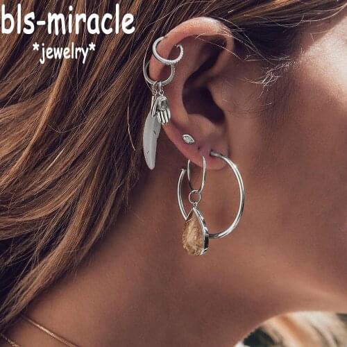 Bls-miracle Fashion Multi-Element Feather Alloy Earrings For Women Boho Water Droplets Crystal Earring Girl Party Gift Jewelry