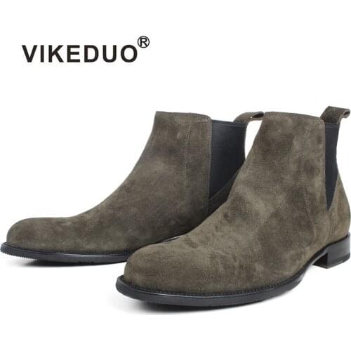 VIKEDUO Autumn Cow Suede Leather Flat Chelsea Boots Green Color Handmade Military Ankle Boots Bespoke Round Toe Botas de Hombre
