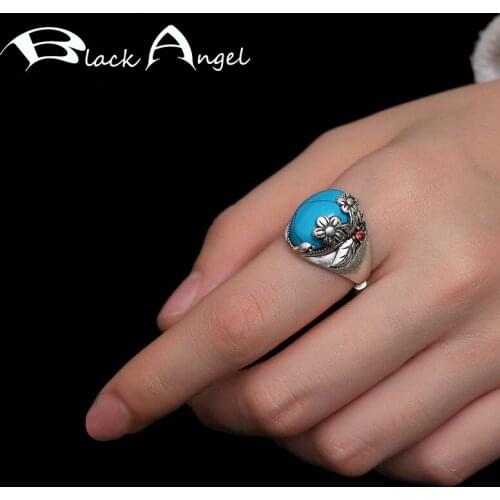 BLACK ANGEL New Vintage Thai Silver Created Blue White Turquoise Carved Flower Resizable Ring For Women Jewelry Engagement Gift