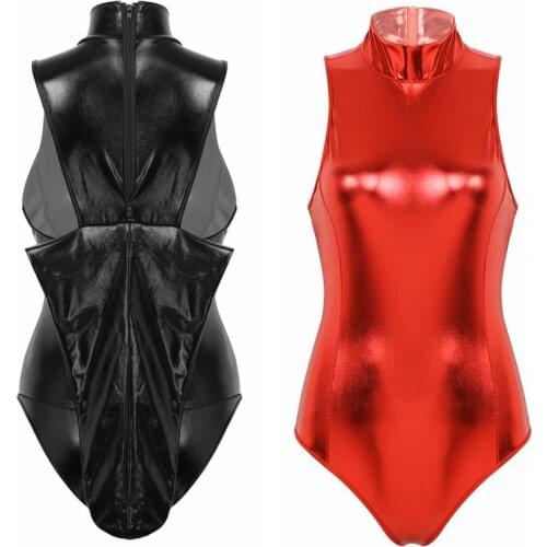 Women Sleeveless Bodysuits Latex Catsuit Sissy Lingerie Shiny Metallic Zippered Leotard Nightclub Performance Role Play Costumes