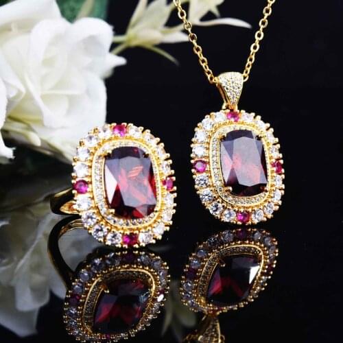 Luxury Gold Plated Jewelry Sets for Women Colorful Gemstone Topaz Stone Pendant Necklace Ring Female Wedding Engagement Jewelry