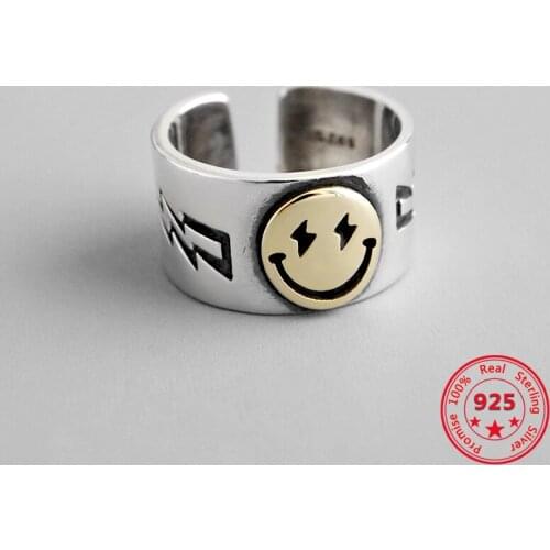 Pure 925 Silver Lover Rings Fashion Trendy Smile Face Open Rings for Couple Giftfriend Gift