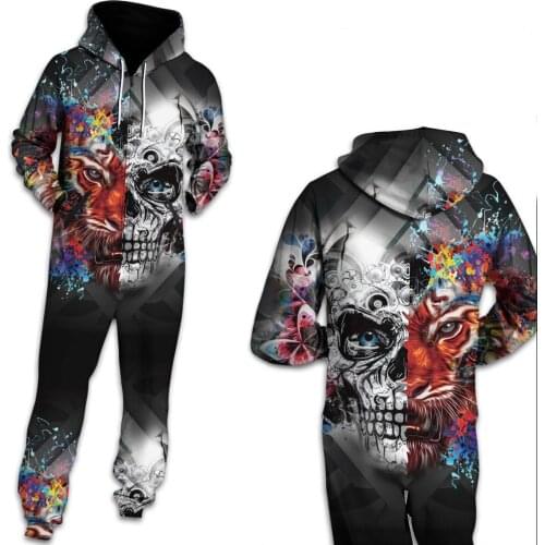 Fashion Lion Printing Jumpsuit Women Men Long Sleeve Zipper Hooded Jumpsuits Spring Hoodies Rompers Female Casual Home Playsuit