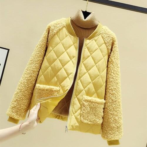 Short Cotton Jacket Women Autumn Winter Lambswool Splice Parka Plus Size Loose Warm Outerwear Female Cotton-padded Jackets