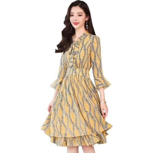 Fashion Womens Dress Spring Autumn Print Floral V-Neck Long-Sleeve Midi Chiffon Dress Female Party Elegant Vestidos 2019 New