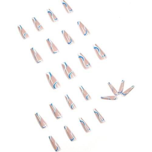 Fake Nails Long Wavy Lines Blue and White Nail Stickers Finished Nail Stickers 24 Nail Stickers With Glue SANA889