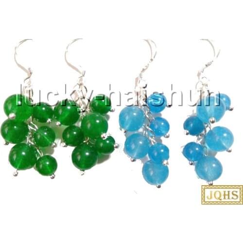 Natural Dangle baroque grape round green sky-blue jades beads earrings 925 silver hook c89