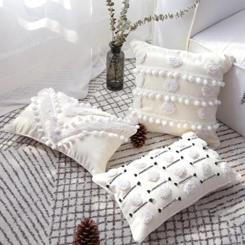 White Black Pompom Embroidery Pillow Cover Stripe Cut Flowers Home Decor Cushion Cover PillowCase Pillow Sham 30x50cm/45x45cm