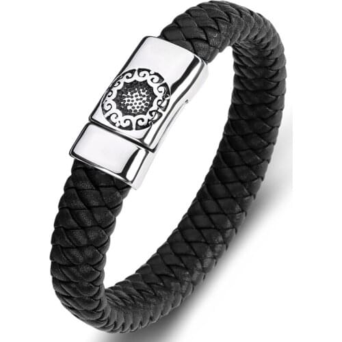 Multicolor Trendy Braided Leather Bracelet Men Punk Rock Jewelry Stainless Steel Vintage Pattern Bangles Male Wristband P085