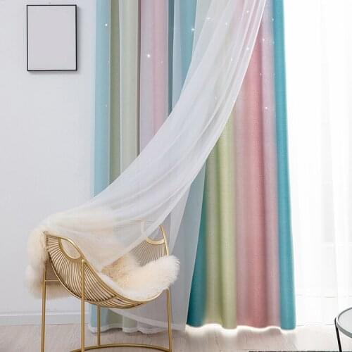 Window Curtains Hollow Star Sheer Curtain Rainbow Color Girl Kids Bedroom Blackout Window Drapes Curtain Home Decoration