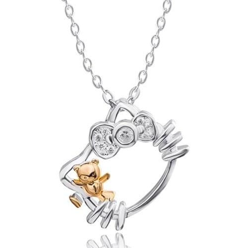 KT Necklace Female Silver-plated Cute Kitty Crystal Anime Clavicle Chain Children Pendant Valentines Day Gifts on February 14