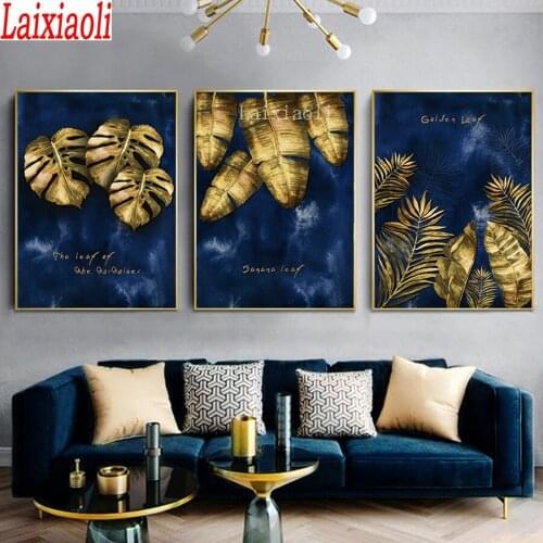 Full square diamond painting Tropical Plant Leaves Blue Abstract pictures for embroidery round diamond mosaic 3 pcs decoration