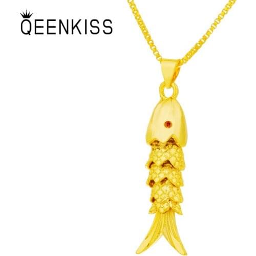 QEENKISS PT584 Fine Jewelry Wholesale Fashion Woman Girl Bride Birthday Wedding Gift Cute Fish 24KT Gold Pendant Charm NO CHAIN