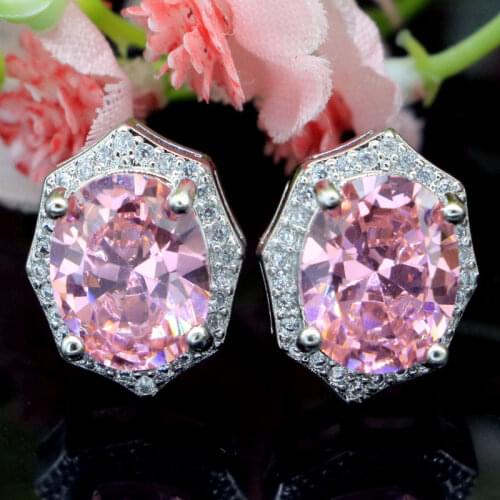 46x21mm Stunning Created 18x13mm 15.5g Pink Tourmaline Bright Zircon Gift For Womans Silver Earrings