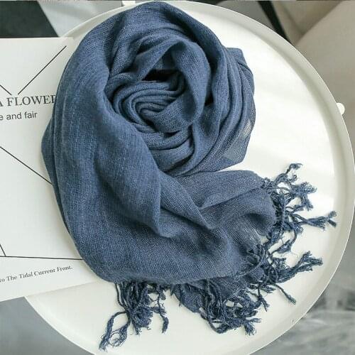Spring and autumn solid color cotton and linen scarf women retro striped travel sun protection warm gauze fringed headscarf shaw