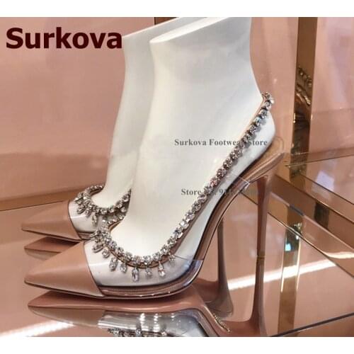 Surkova Transparent PVC Bling Bling Crystal Wedding Shoes Stiletto Heel Patchwork Pointed Toe Dress Pumps Shiny Rhinestone Heels