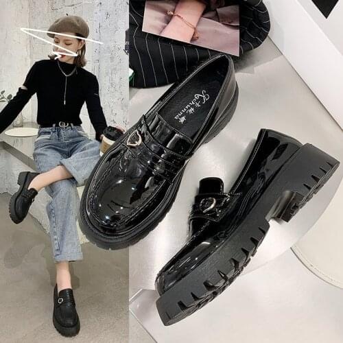Women Oxford Shoes Patent Leather Platform Shoes Thick Sole Slip on Shoes Heart Loafers Female Boat Shoes Pumps Autumn 9298C