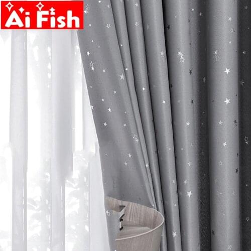 Modern Gray Print Shiny Stars with Sliver Half Shade Curtains Cloth For Childrens Bedroom White Star Tulle Window Drape WP123-5