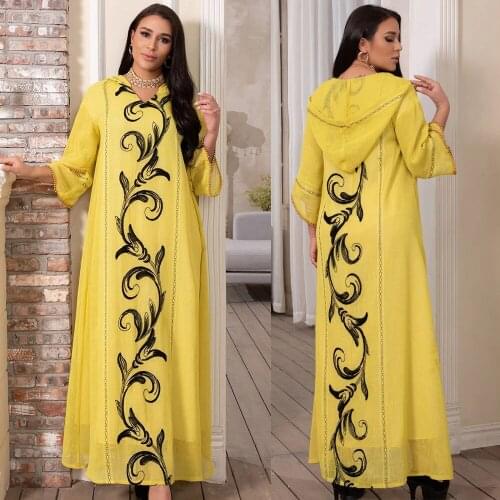 Ethnic Embroidery Hooded Abaya Long Sleeve Dress For Women Bead Arabic Dubai Turkey Moroccan Kaftan Muslim Clothing Yellow Eid