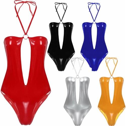 Women Wetlook PVC Leather Halter Teddy Lingerie Bodysuit Hollow Out Thong Leotard Fetish Catsuit