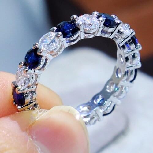Cute Girl Fashion Jewelry 925 Sterling Silver Blue&White Zirconia Enternity Women Wedding Engagement Band Ring for Lovers' Gift