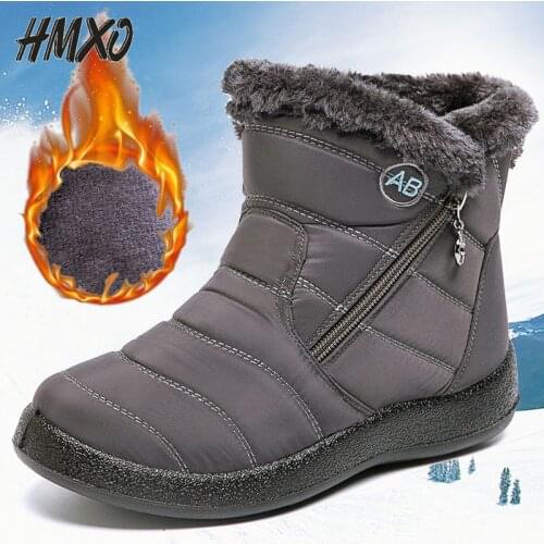 HMXO Winter Warm Snow Boots Side Zipper Waterproof Cotton Boots Casual Shoes Warm Snow Boots Winter Boots Women Flat Ankle Boots