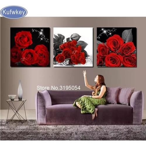 3 pcs set,DIY 5D Diamond Embroidery red rose,flower painting of resin diamond,Needlework,Full Square Diamond Painting Home Decor