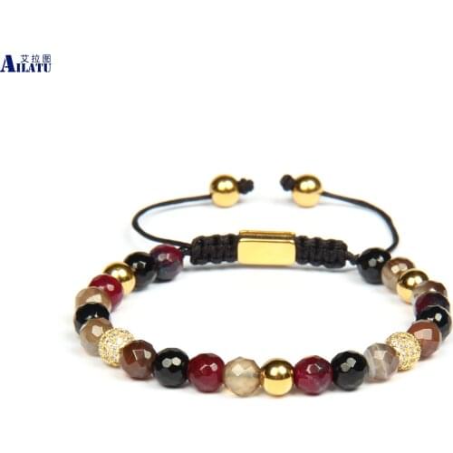 Ailatu New Womens Wristband Macrame Bracelets with 6mm Faceted Botswana Onyx Beads Stainless Steel Jewelry