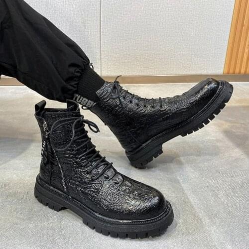 Autumn Winter Trendy Men Chunky Boots Animal Grain Leather Mens Ankle Boots Zipper Street Cool Casual Men Shoes botas hombre