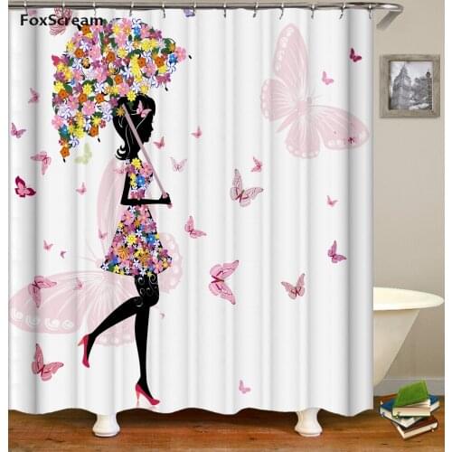 Floral shower curtains bathroom curtain Waterproof Flower Butterfly Bath Girl Flower Shower Curtain With Hooks