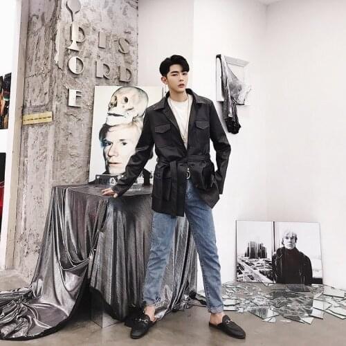 Long Faux Leather Jacket Men Fashion Vintage Lapel Waist Turn-down Collar Spring Autumn Trench Coat Men Leather Jackets