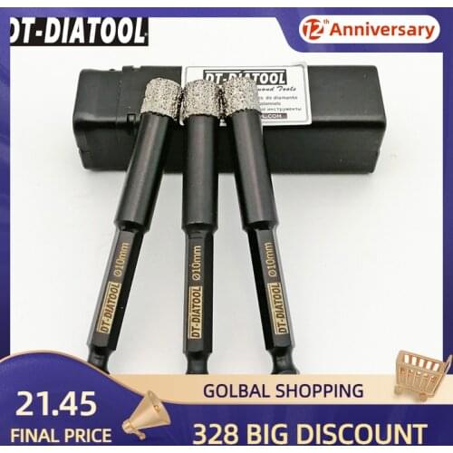 DT-DIATOOL 3pcs Dia 10mm Fast-fit Hex Shank Vacuum Brazed Dry Diamond Drilling Core Bits Granite Marble Tile Ceramic Hole Saw
