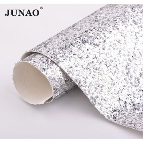 JUNAO 20*34cm Glitter Silver Chunky Sequins Leather Fabric Faux Synthetic Leather Sheets for DIY Hairbow Bags Shoes Decoration