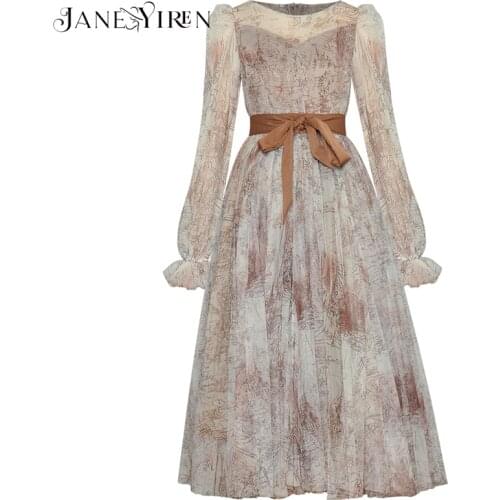Janeyiren Fashion Designer dress Spring Womens Dress Long sleeve lace-up Mesh Vintage Print Ball Gown Dresses