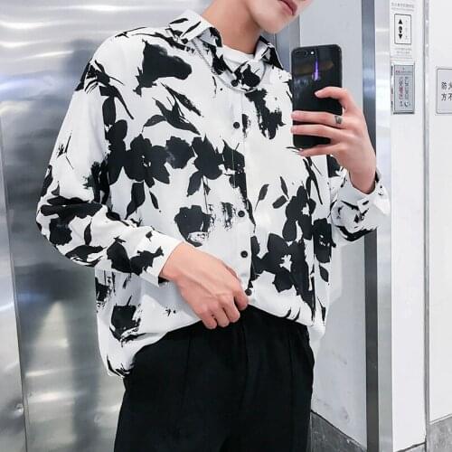 Mens Flower Printed Long Sleeve Shirts 2019 Male Vintage Casual Tie Dye Hawaiian Shirt Black White