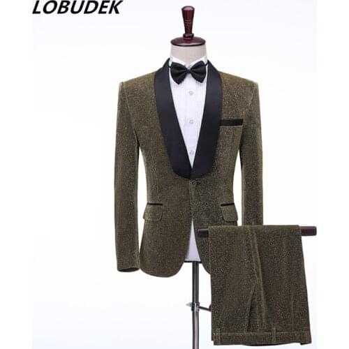 Mens Formal Suit Shawl Collar Golden Silk Blazer Pants 2 Pieces Set Wedding Groom Dress Prom Evening Suits Singer Host Outfits