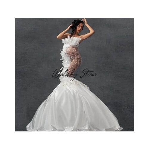 Newest Gorgeous Beadings Mermaid Maternity Dresses Women For Photography Sexy See Thru Strapless Long Dress With Feathers Custom