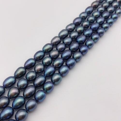 Wholesale 2 Strands AAAA 6-7mm Peacock blue rice shape freshwater pearl loose bead 15"