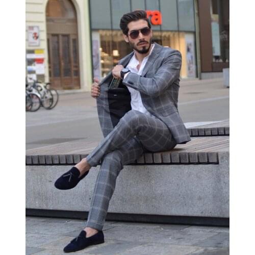 Jacket+Vest+Pants) Plaid Mens Wedding Suit Male Blazers Slim Fit Suits for Men Costume Business Formal Party Classic Gray/Navy